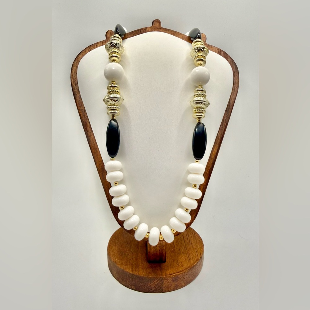 Black and White Beaded Statement Necklace Handmade Artisan Jewelry